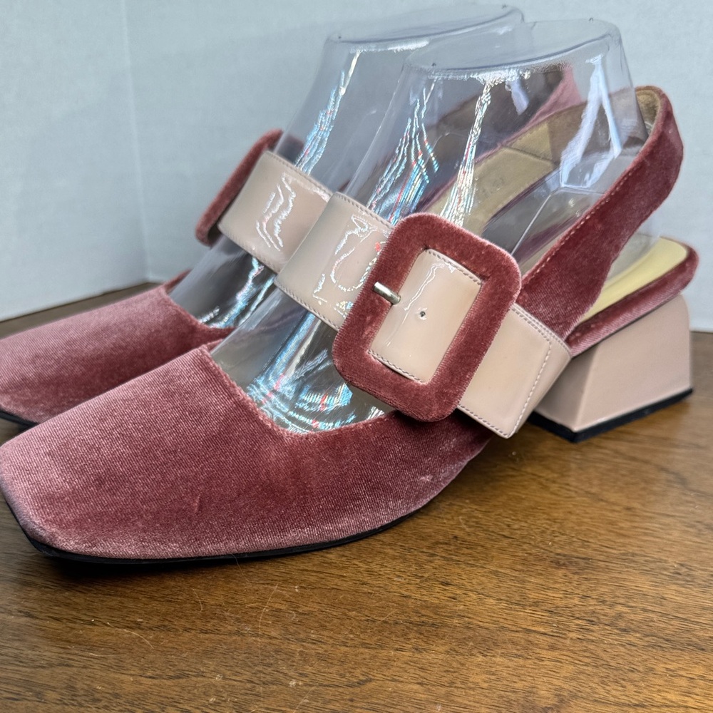 Needle Atelier Womens Velvet Dusty Pink Buckle Chunky Block Heels Retro, sz 38